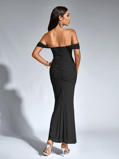 Robe À Épaules Dénudées, Froncée & Zippée Dans Le Dos