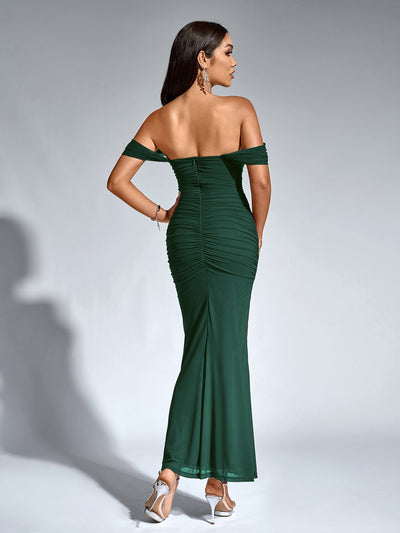 Robe À Épaules Dénudées, Froncée & Zippée Dans Le Dos
