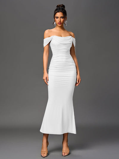 Robe À Épaules Dénudées, Froncée & Zippée Dans Le Dos