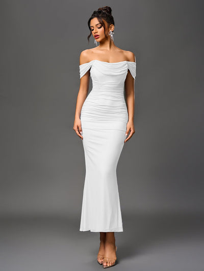 Robe À Épaules Dénudées, Froncée & Zippée Dans Le Dos