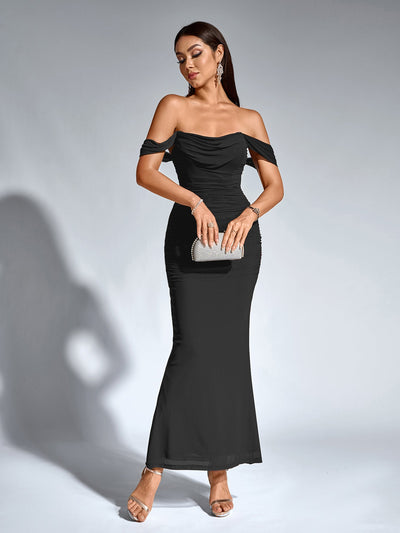 Robe À Épaules Dénudées, Froncée & Zippée Dans Le Dos