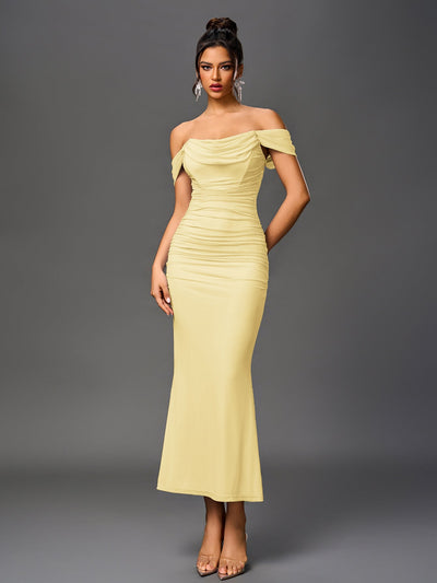 Robe À Épaules Dénudées, Froncée & Zippée Dans Le Dos