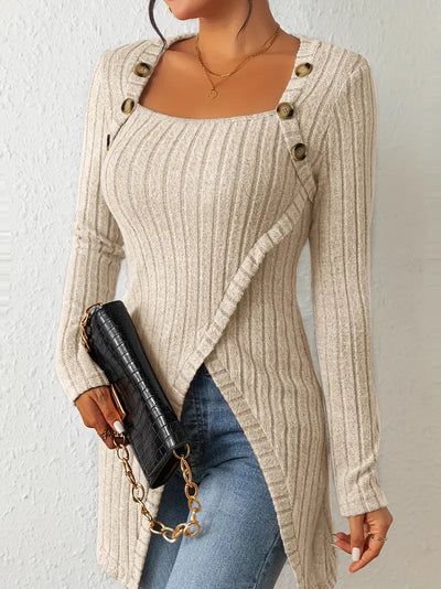 Top Asymétrique En Coton Avec Boutons et Côtes